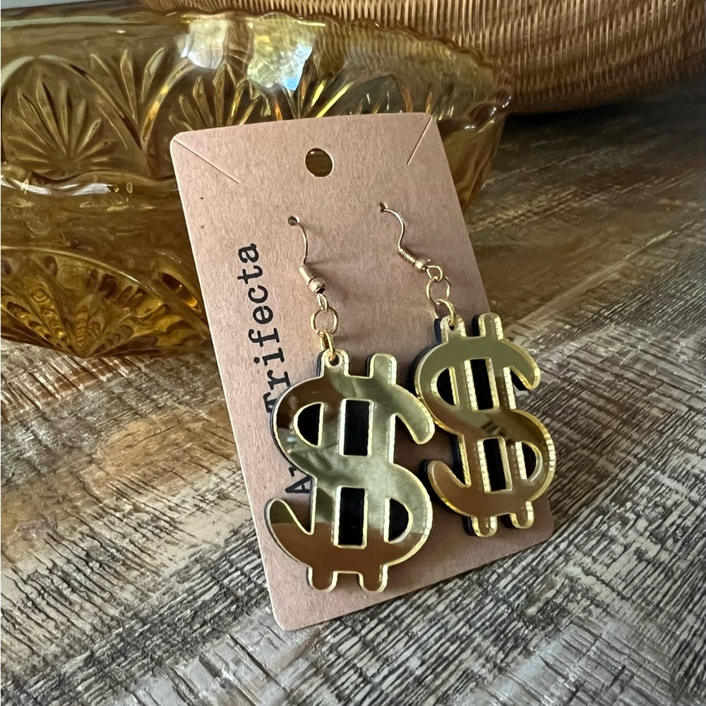Handmade Gold Mirrored Dollar Sign Earrings